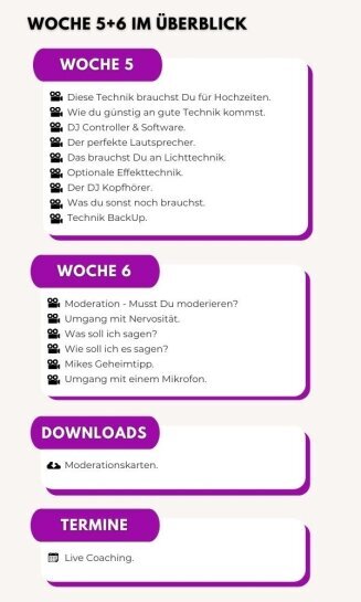 Hochzeits DJ Schule Inhalte Woche 5+6