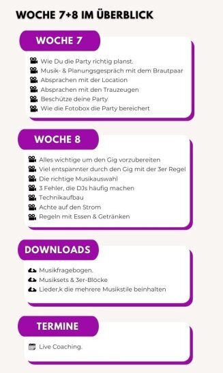 Hochzeits DJ Schule Inhalte Woche 7+8